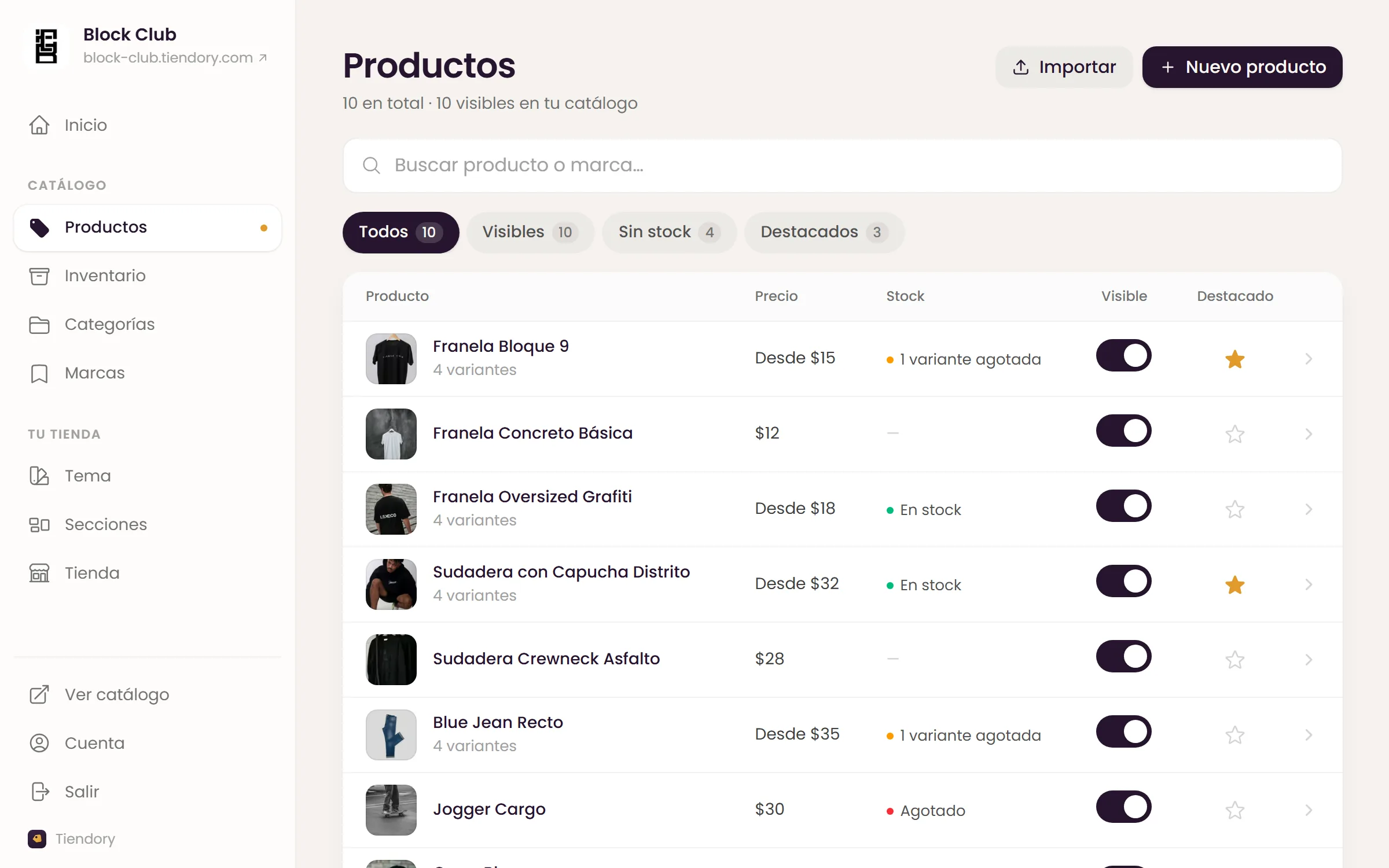 Panel de Tiendory con la lista de productos de una tienda